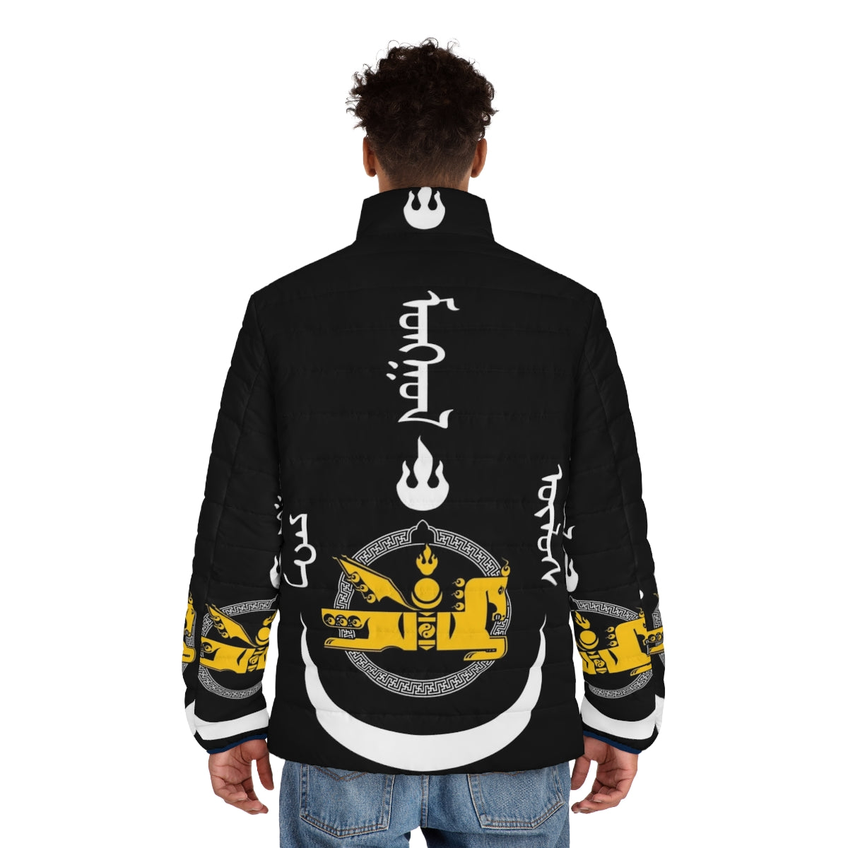 Mongol Empire Puffer Jacket featuring the Mongolian flag design - men back