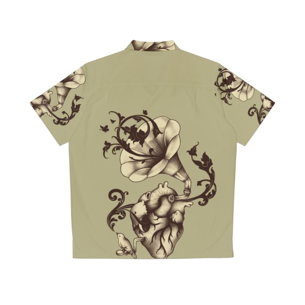 Surreal Hawaiian shirt with heart anatomy, gramophone, and nature elements - Back