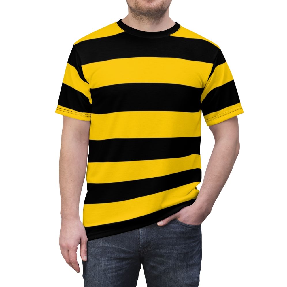 A high-quality all-over print t-shirt featuring a stylized bee pattern with black and yellow striped background. - men front