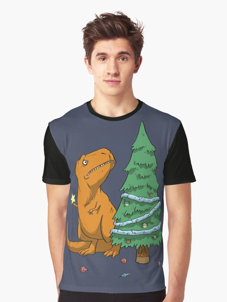 Illustration of a T-Rex dinosaur with tiny arms wearing a Christmas tree ornament on its head, surrounded by holiday decor. - Men