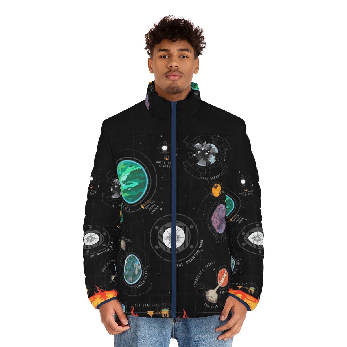 Outer Wilds Planetary Exploration Puffer Jacket featuring the Outer Wilds solar system and astral exploration - men front