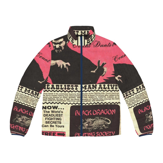 Black Dragon Fighting Society puffer jacket with retro comic design