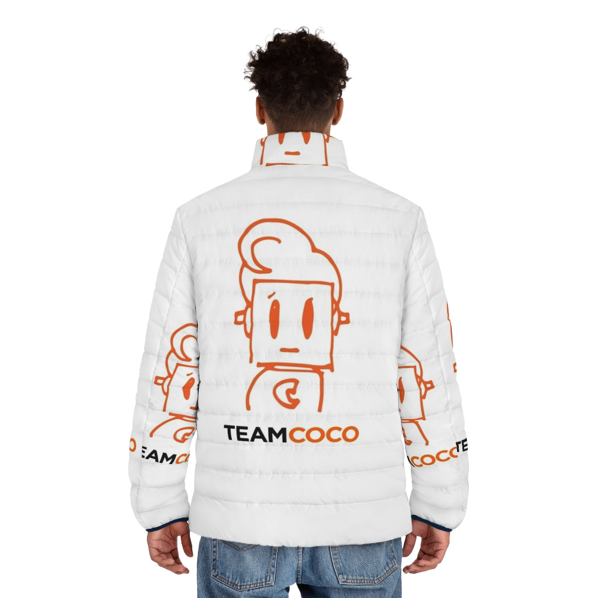 Coco Robot Doodle Puffer Jacket featuring Conan O'Brien's iconic comedy designs - men back