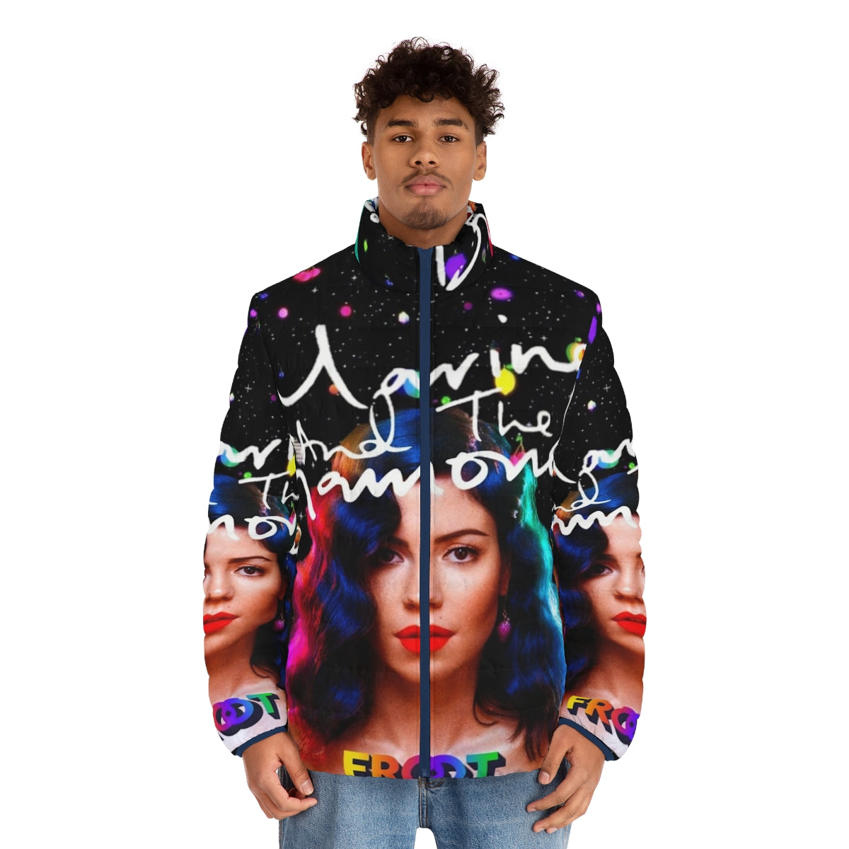 Froot puffer jacket featuring the artwork of alternative music artist Marina and the Diamonds - men front