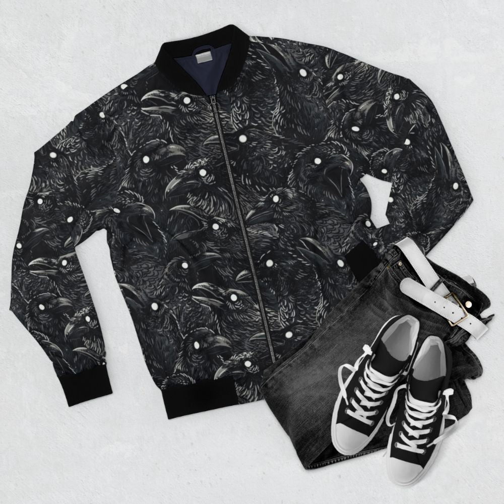 Raven pattern bomber jacket with dark and spooky design - Flat lay
