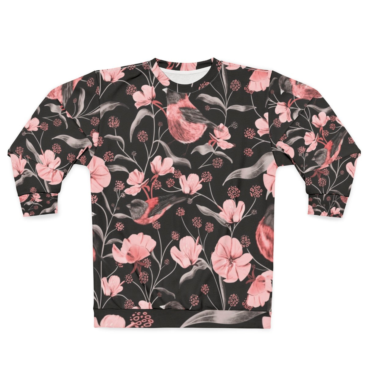 Pink birds and flowers botanical design on a sweatshirt