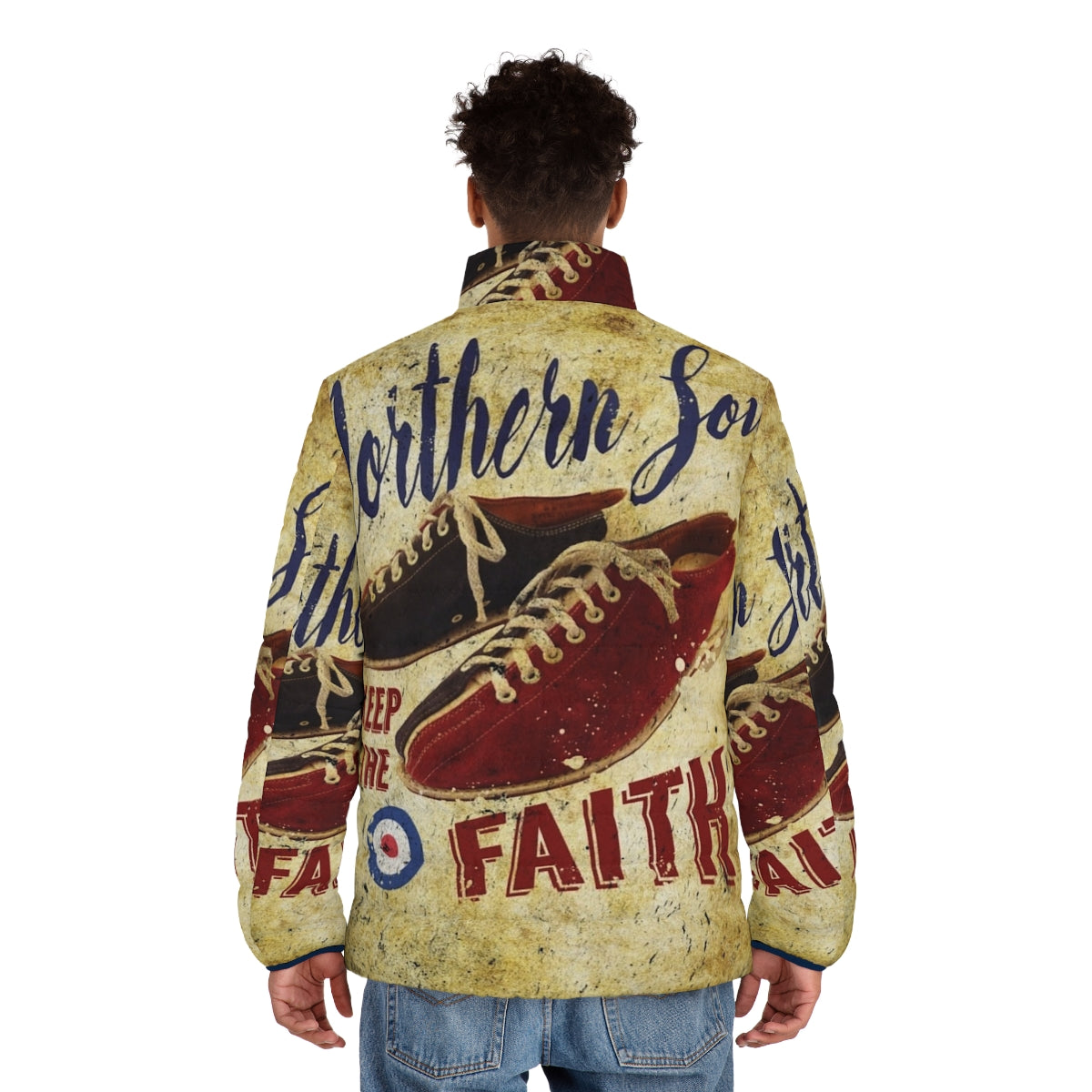 Northern Soul "Keep The Faith" Puffer Jacket featuring iconic music and dance inspired design - men back