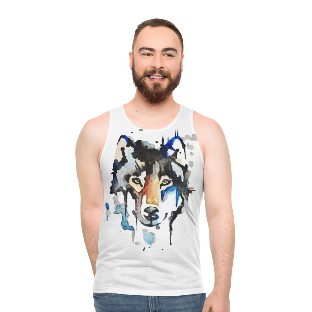 Watercolor wolf design on unisex tank top - men