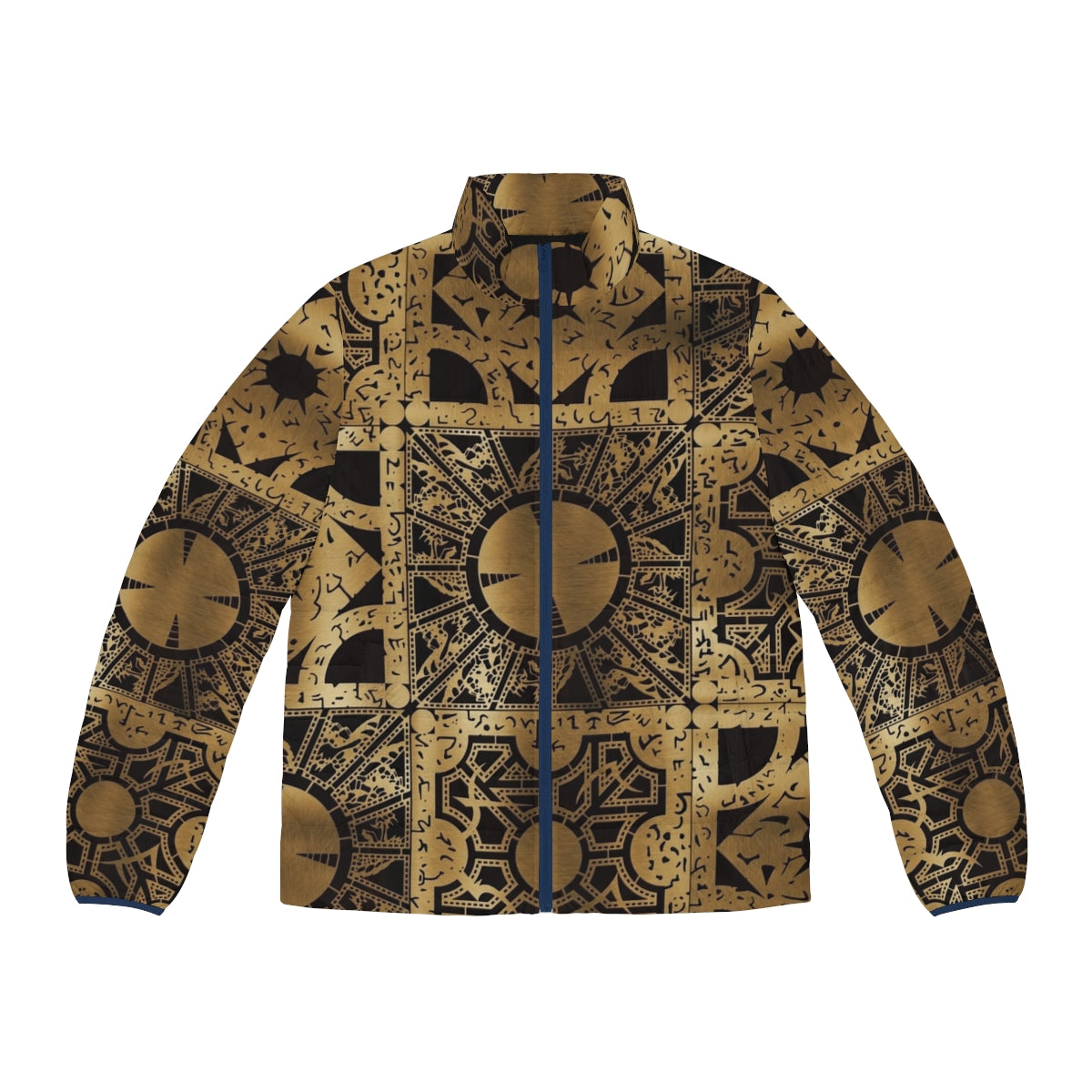 Lament configuration puffer jacket with cenobite and puzzle box design