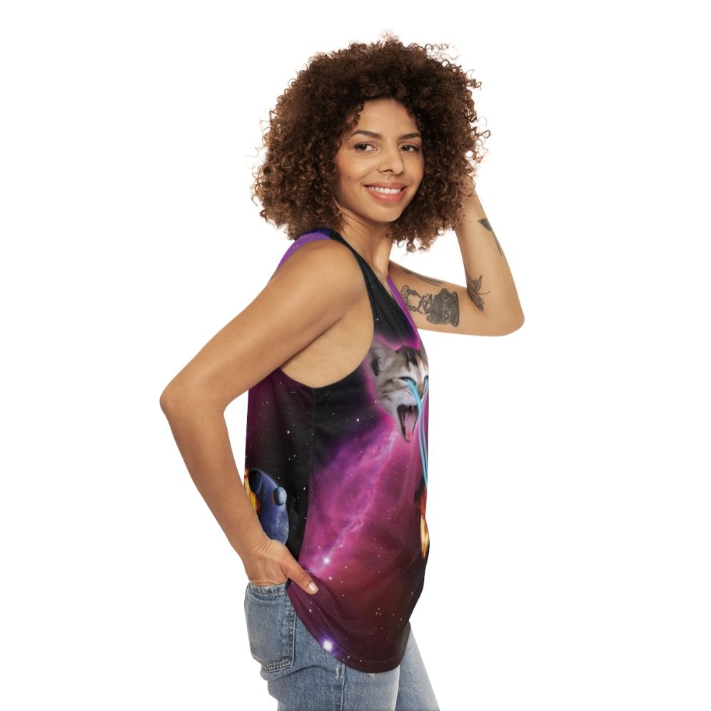 Laser Cat Destroyer of Planets Unisex Galaxy Tank Top - women side