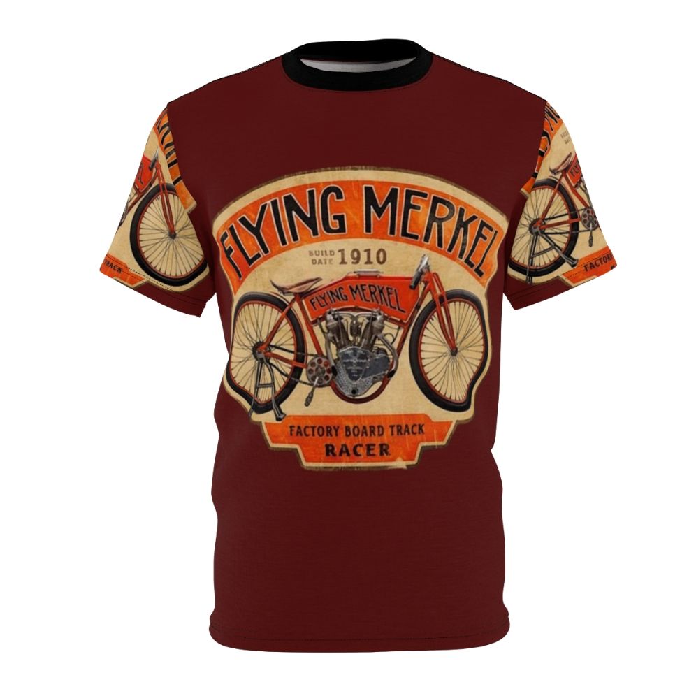 Vintage-style t-shirt featuring a retro illustration of a flying motorcycle