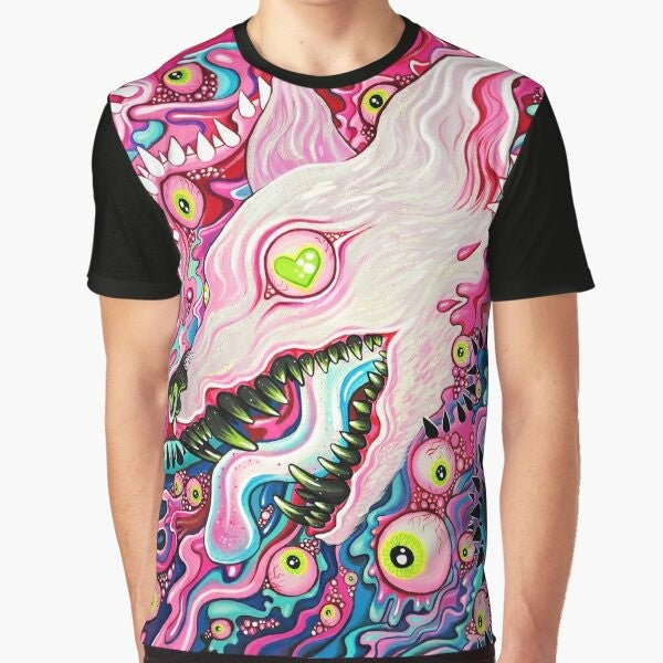 A colorful, glittery t-shirt with a graphic design featuring a wolf with pastel eyes, spikes, and a trippy, aesthetic style.