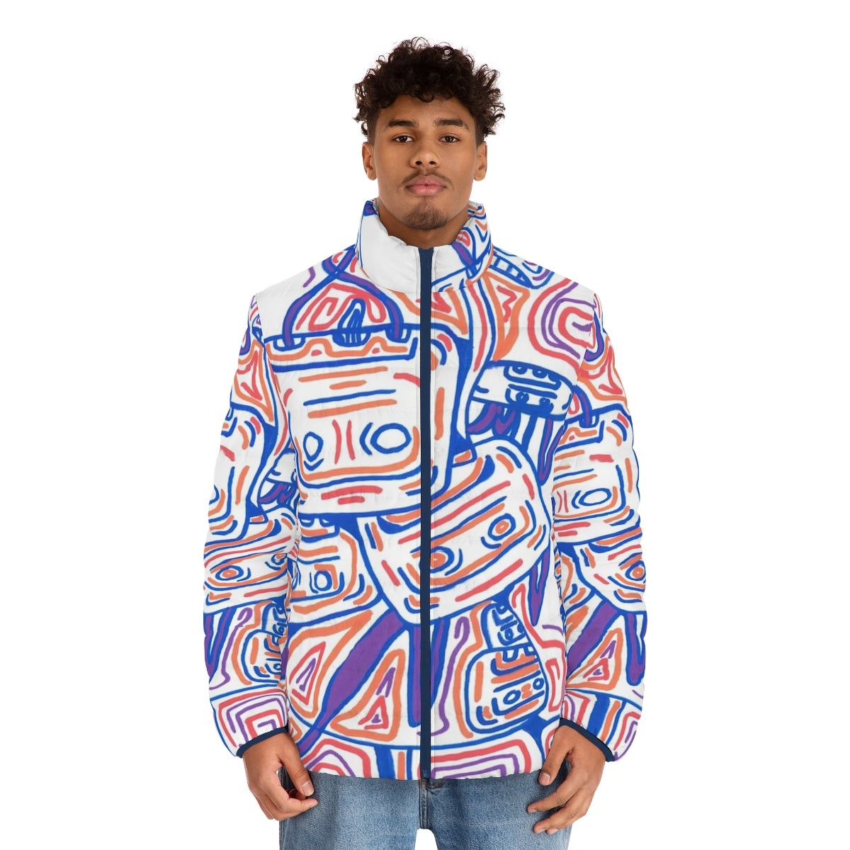 Sikes Tapes Puffer Jacket featuring a graphic design of purple and orange cassette tapes and graffiti-inspired elements - men front