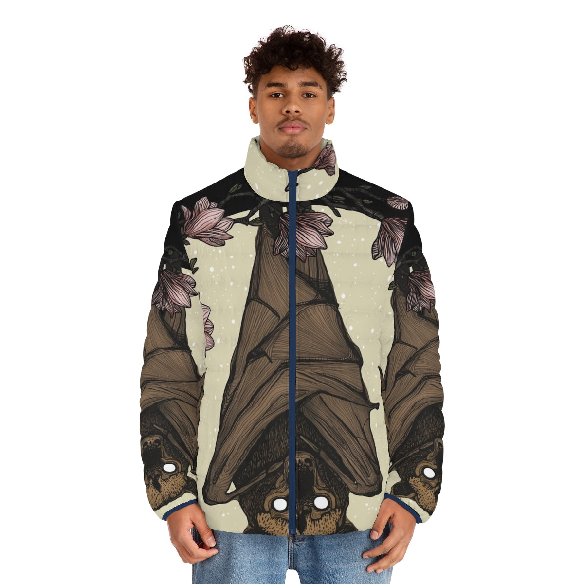 Bat print puffer jacket with a spooky and wildlife-inspired design - men front