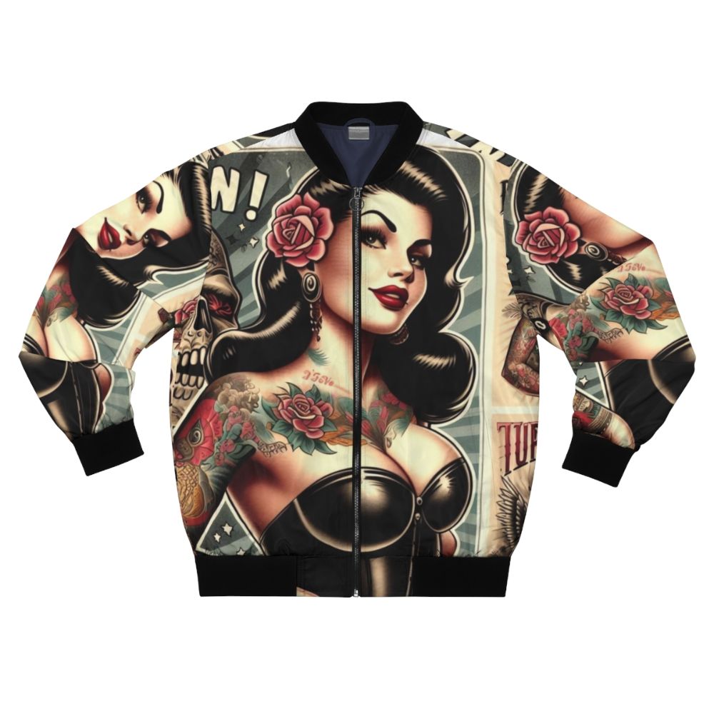 Vintage tattoo pinup bomber jacket with a hot tattooed girl design