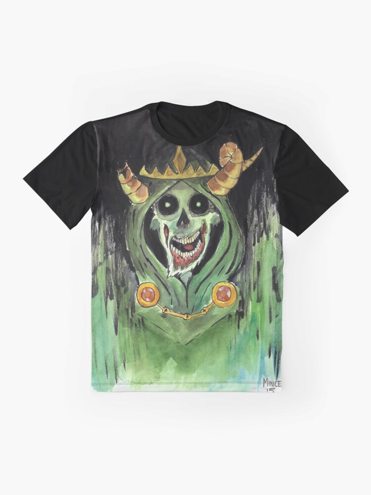 A graphic t-shirt design featuring a lich or undead sorcerer with a skull and gothic/horror elements - Flat lay