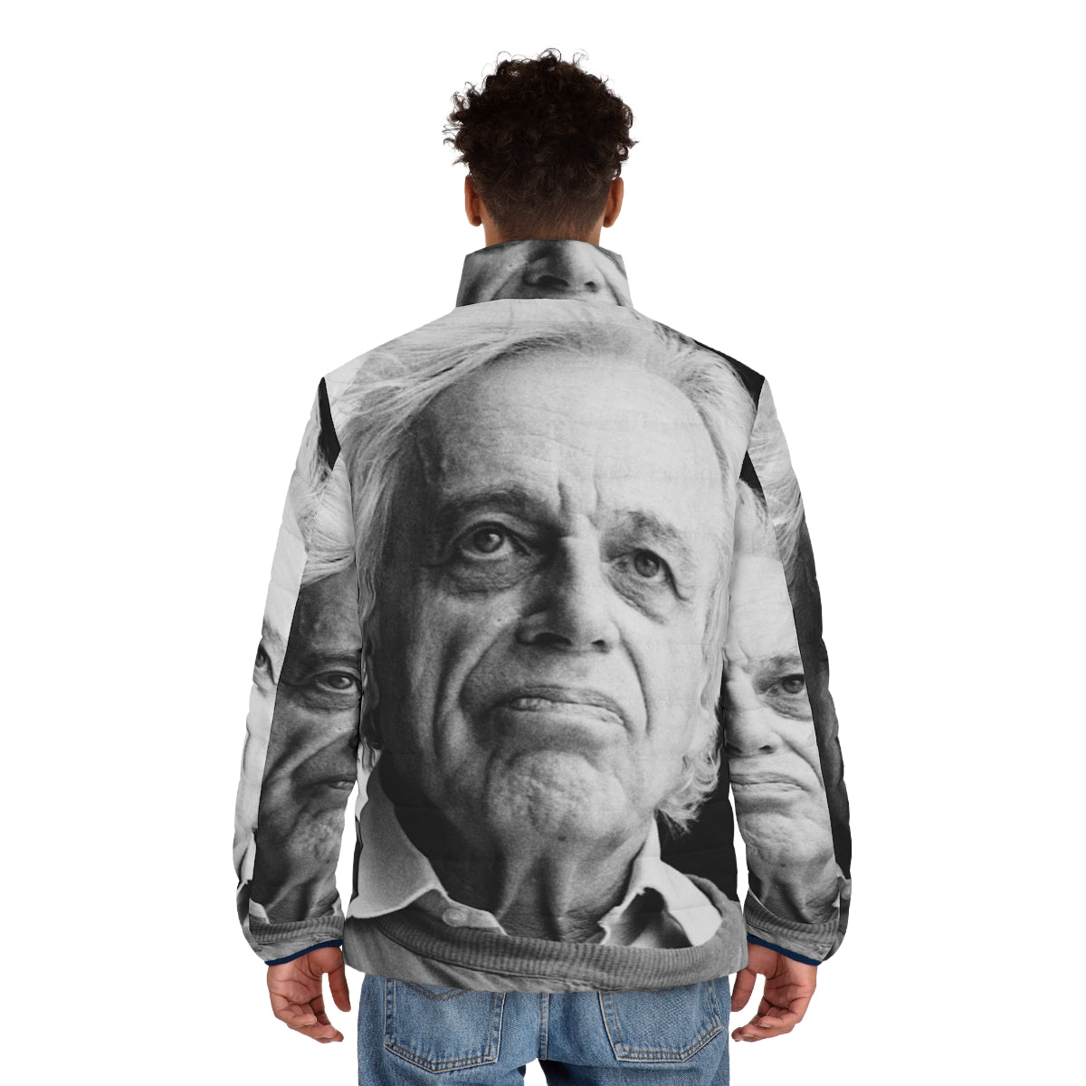 A stylish puffer jacket featuring the name and image of renowned classical composer György Ligeti - men back