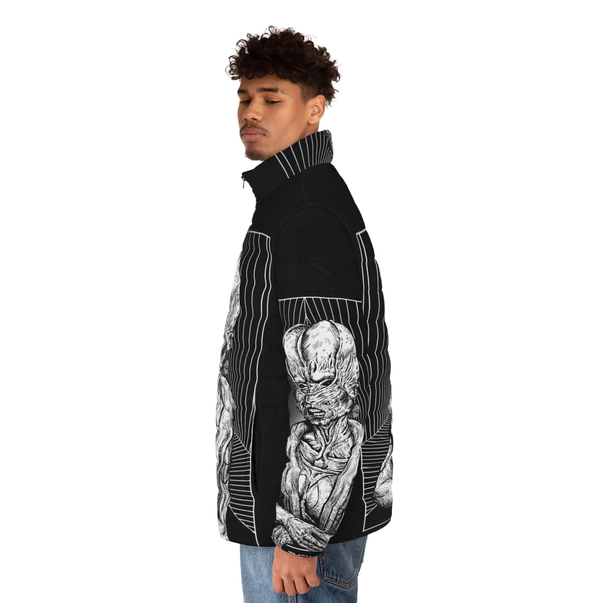 Schism Puffer Jacket featuring dark, gothic, and occult art design - men side left