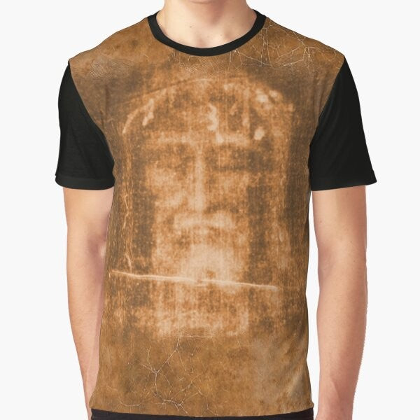 T-shirt featuring the Holy Face of Jesus and a crucifix, representing the passion and resurrection of Christ.