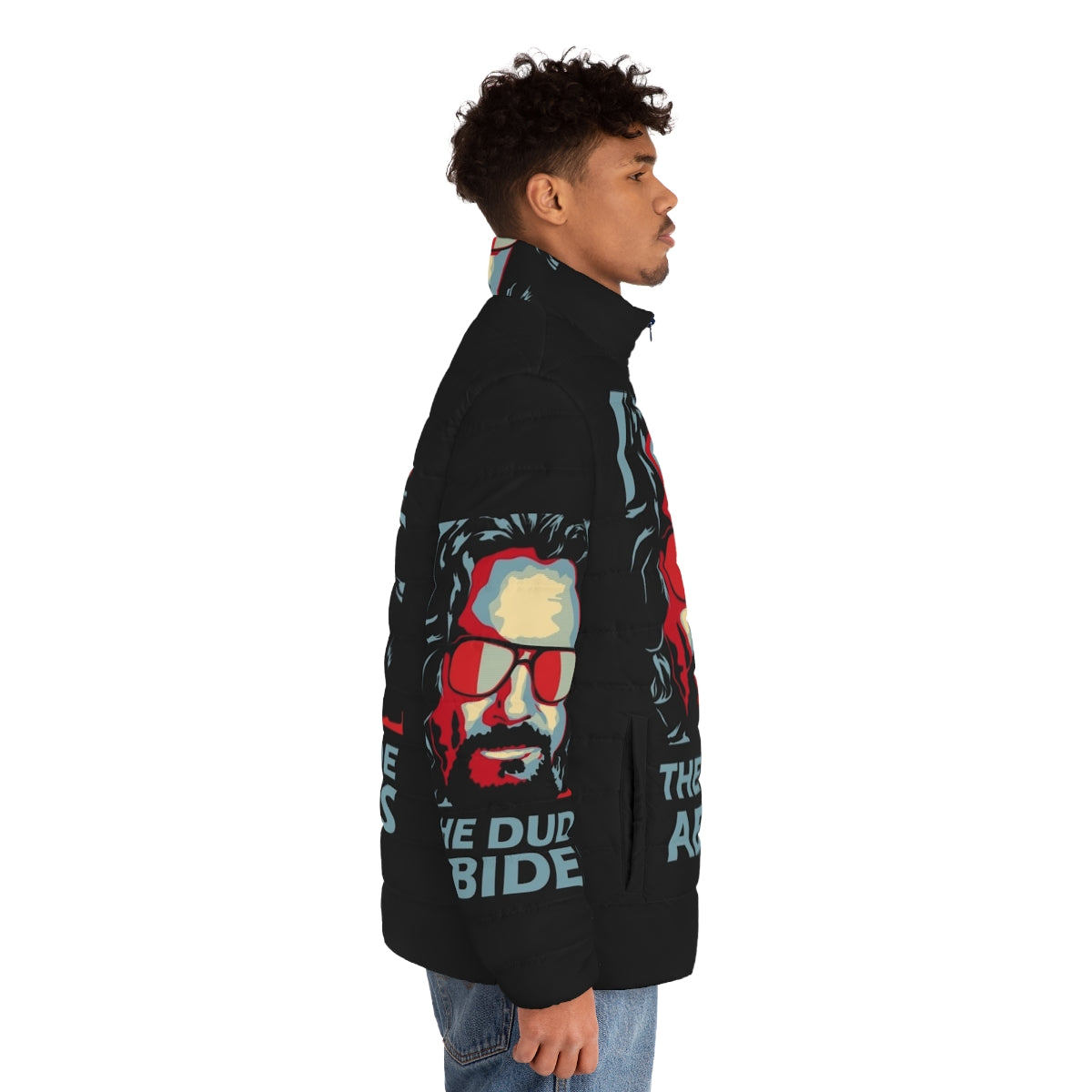 The Dude Abides Man Puffer Jacket featuring a retro '90s stoner-inspired design - men side right