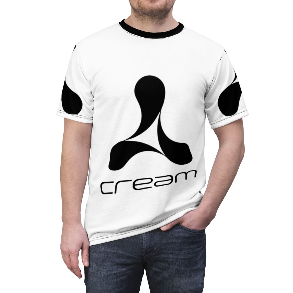 Classic electronic music T-shirt featuring an abstract AOP design inspired by artists like Aphex Twin, Daft Punk, and the electronic/techno music scene. - men front