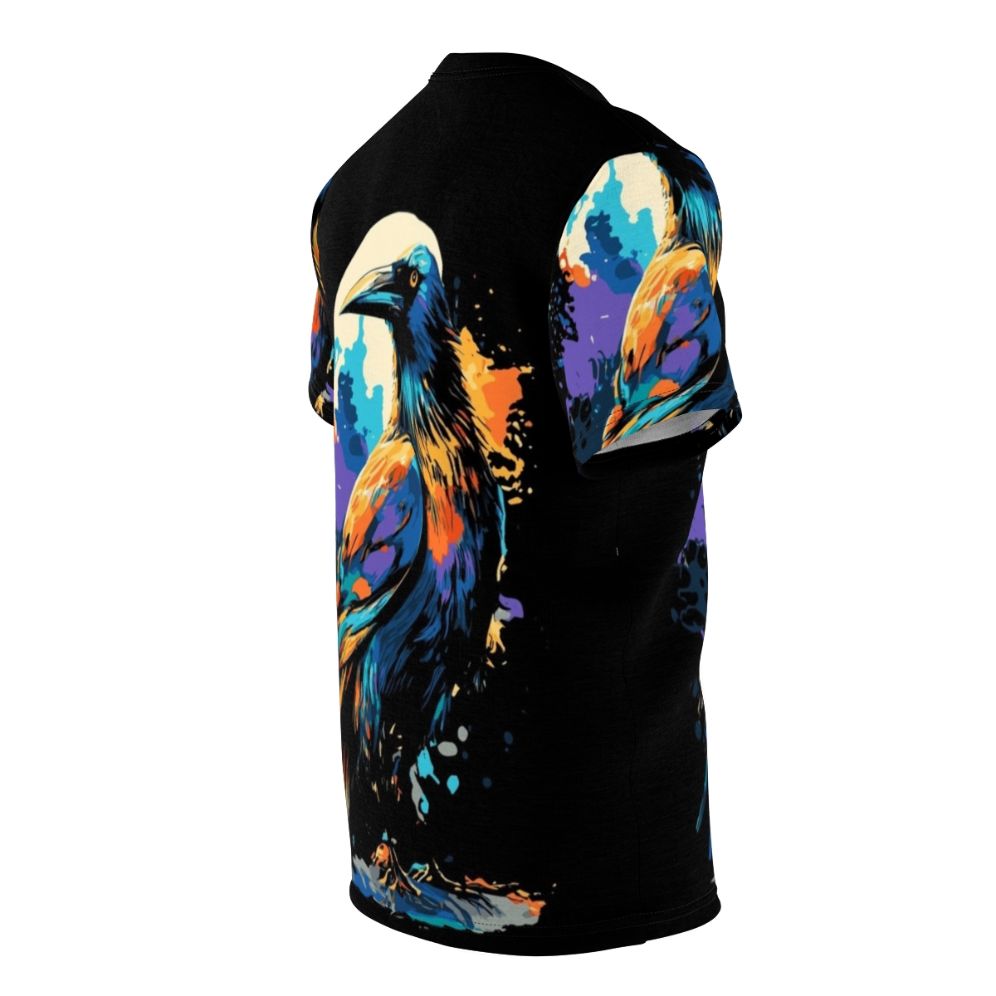 Colorful graphic t-shirt featuring a design of crows and ravens against a dark, moody background. - men right