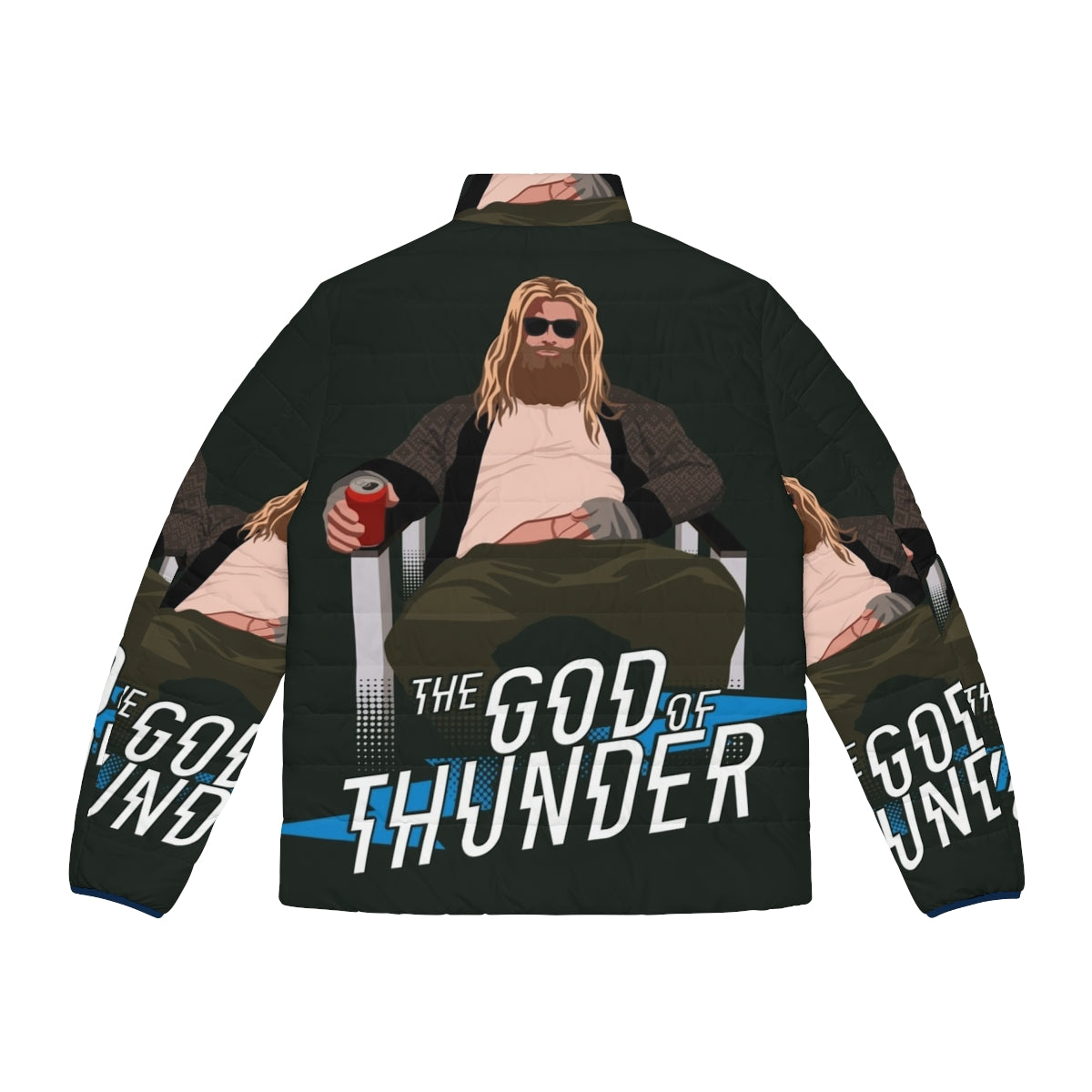 The God of Thunder Puffer Jacket featuring a Thor-inspired design with lightning bolts and Avengers elements - Back