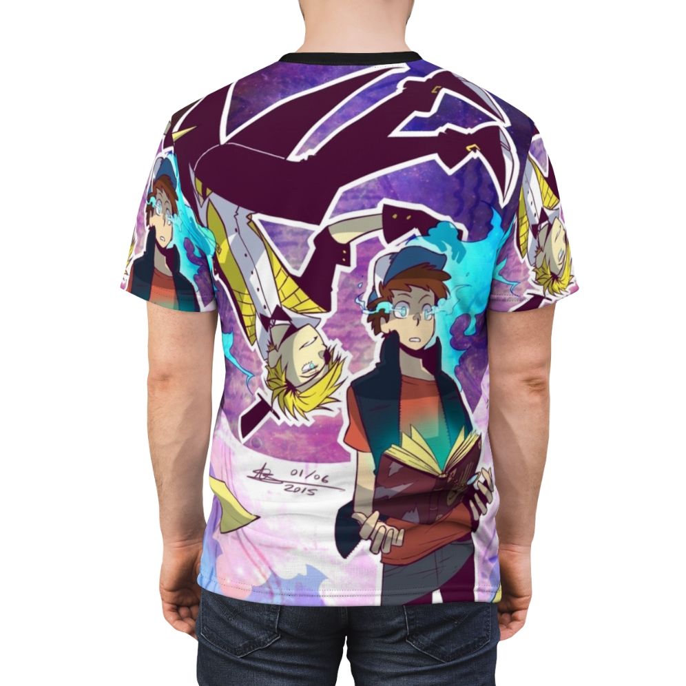 Gravity Falls inspired all-over-print t-shirt featuring Bill Cipher and Dipper Pines - men back