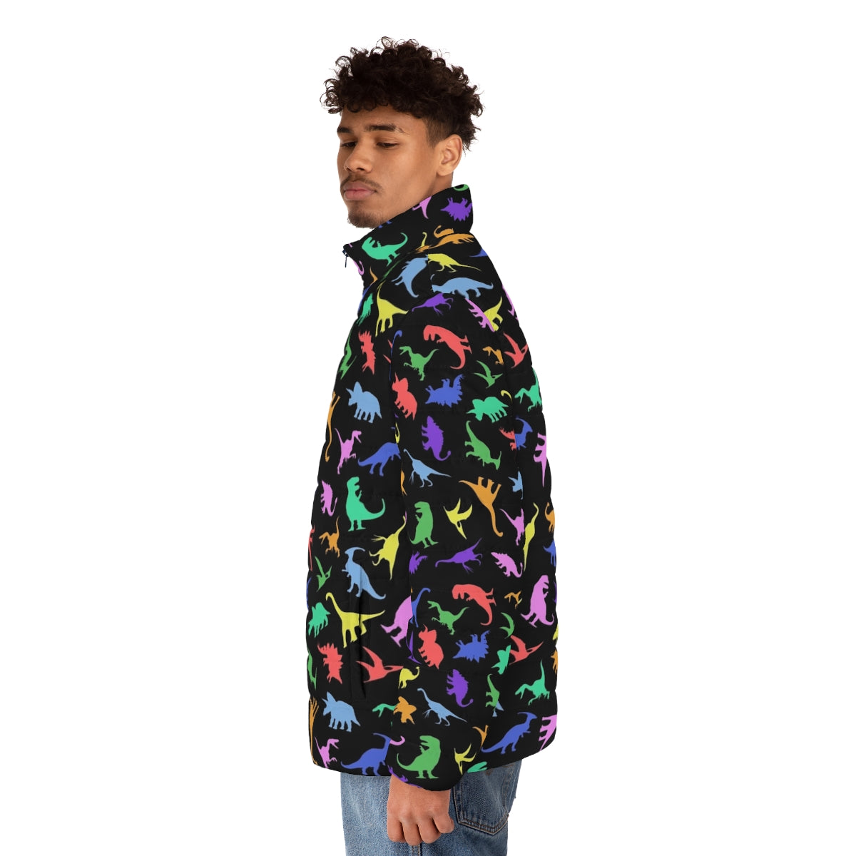 Dinosaur pattern black puffer jacket - men side left