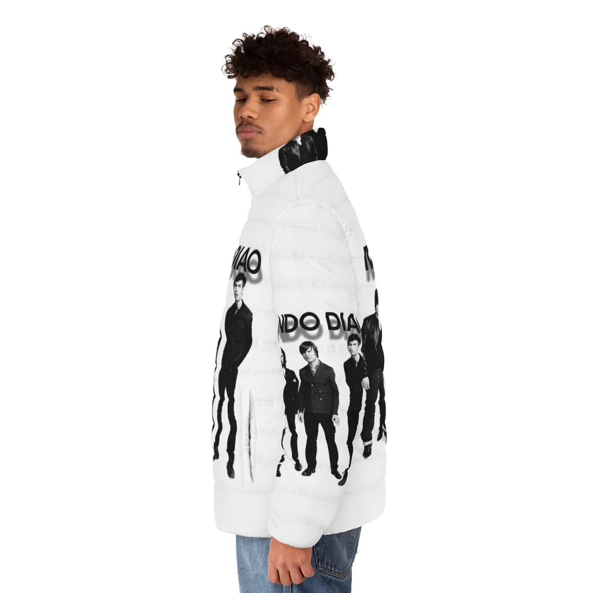 Mando Diao punk rock puffer jacket with band logo and comic book graphics - men side left