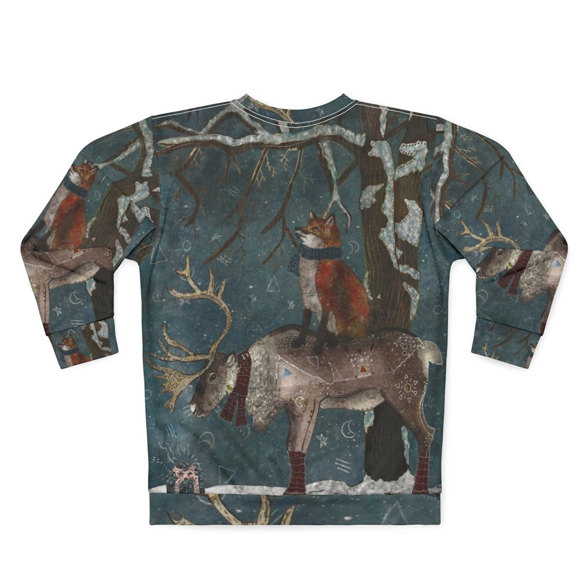 Cozy winter tale sweatshirt featuring a magical fairytale design with snow, trees, and woodland animals - Back