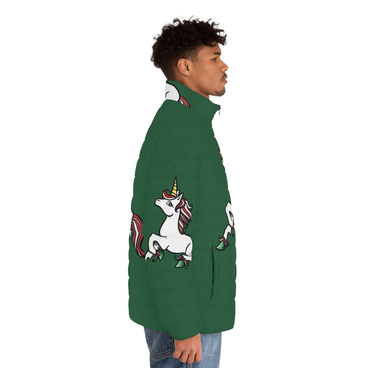 A cozy and fashionable Christmas unicorn puffer jacket perfect for the holiday season - men side right