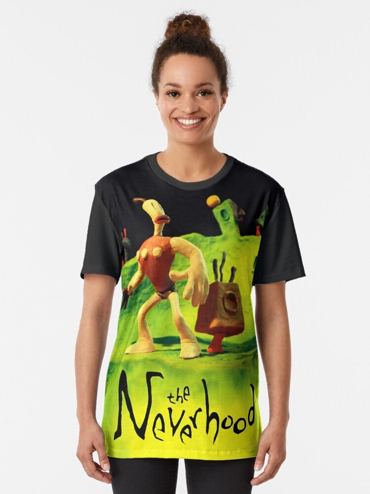 Retro "The Neverhood" graphic t-shirt featuring the Clayman character from the classic video game - Women