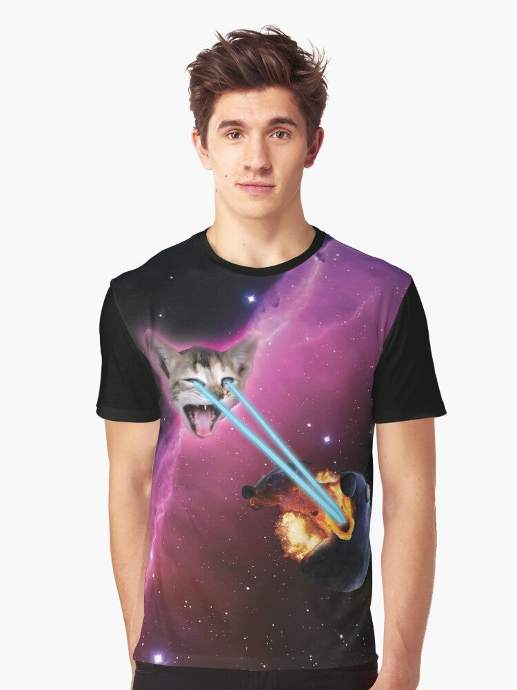 A graphic t-shirt design featuring a laser-wielding cat destroying planets in space. - Men