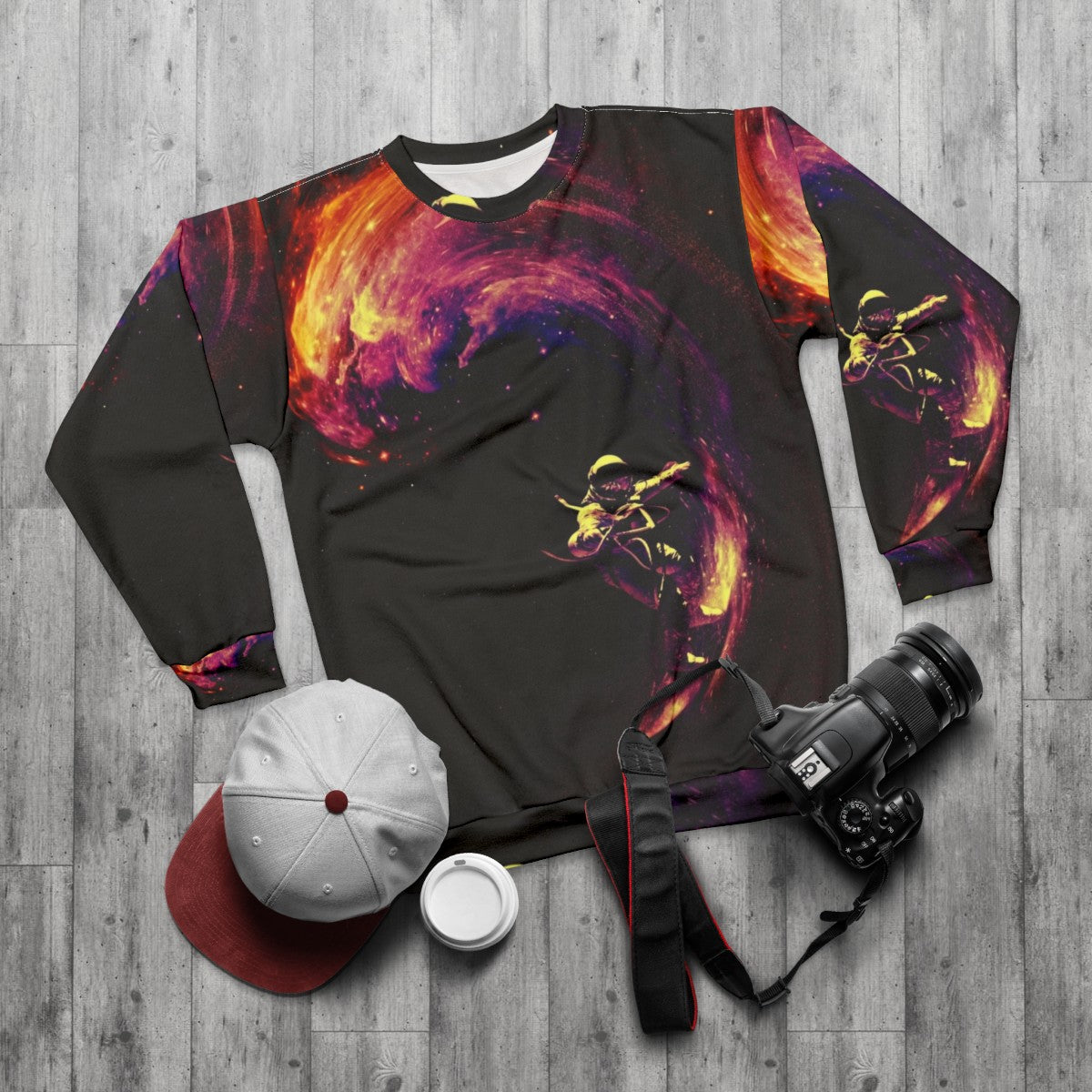 Cosmic Surfing Space Sweatshirt with Intergalactic Design - flat lay