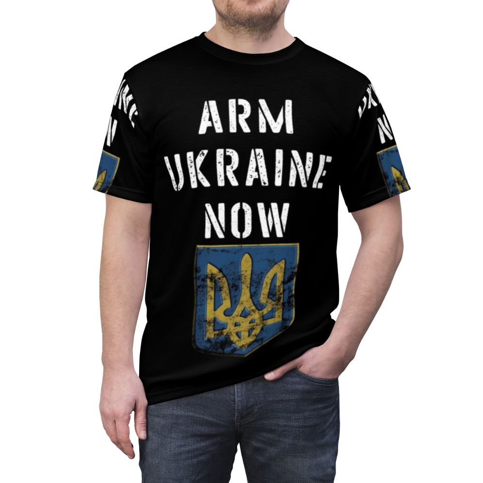 Ukrainian resistance t-shirt in blue and yellow colors featuring Ukrainian symbols and a call to action to support Ukraine against the Russian invasion. - men front