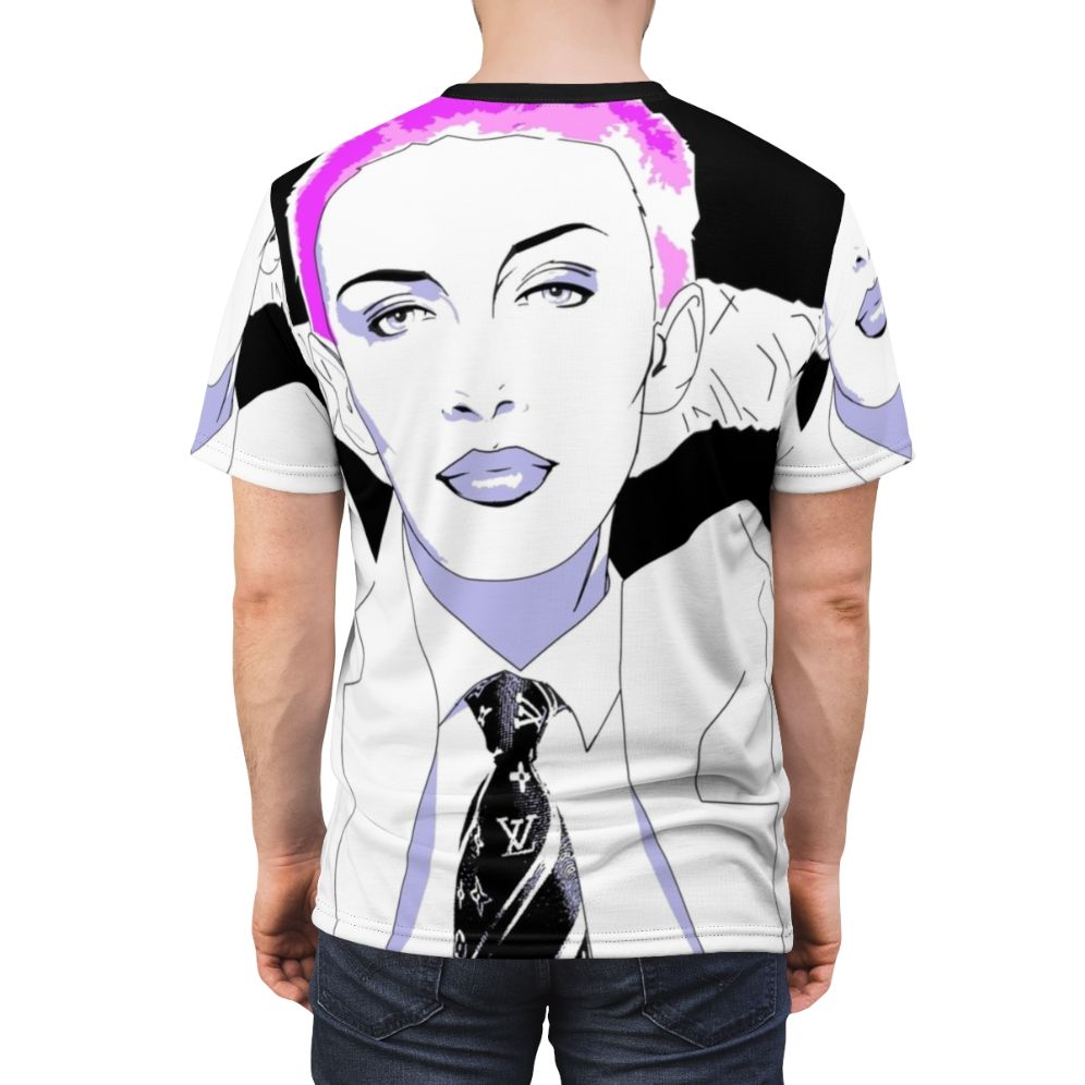 Vibrant purple AOP t-shirt with a retro pop art design featuring Annie Lennox, the iconic British singer and co-founder of the 80s band Eurythmics. - men back