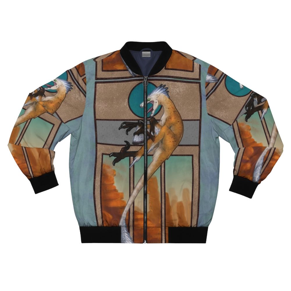 Velociraptor Feathered Bomber Jacket with Dromaeosaurid Dinosaur Design