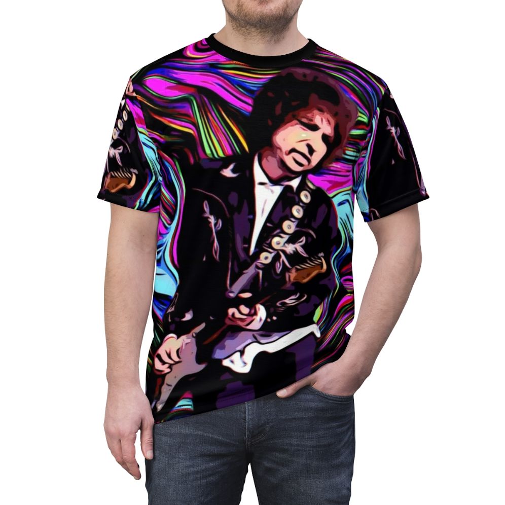 Retro-style t-shirt featuring a graphic inspired by legendary folk rock musician Bob Dylan - men front