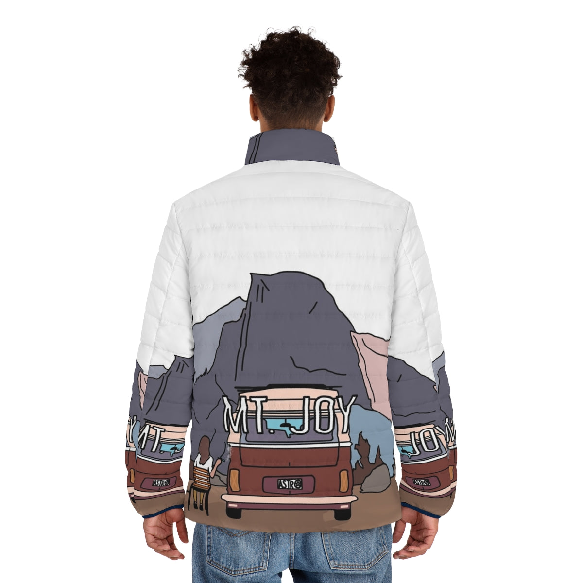 Mt Joy Astrovan Original Digital Artwork Puffer Jacket featuring mountains and indie folk music inspired design - men back