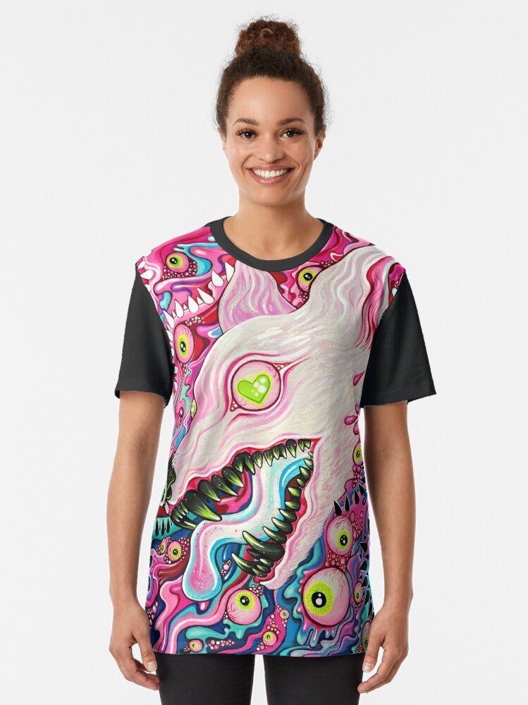 A colorful, glittery t-shirt with a graphic design featuring a wolf with pastel eyes, spikes, and a trippy, aesthetic style. - Women