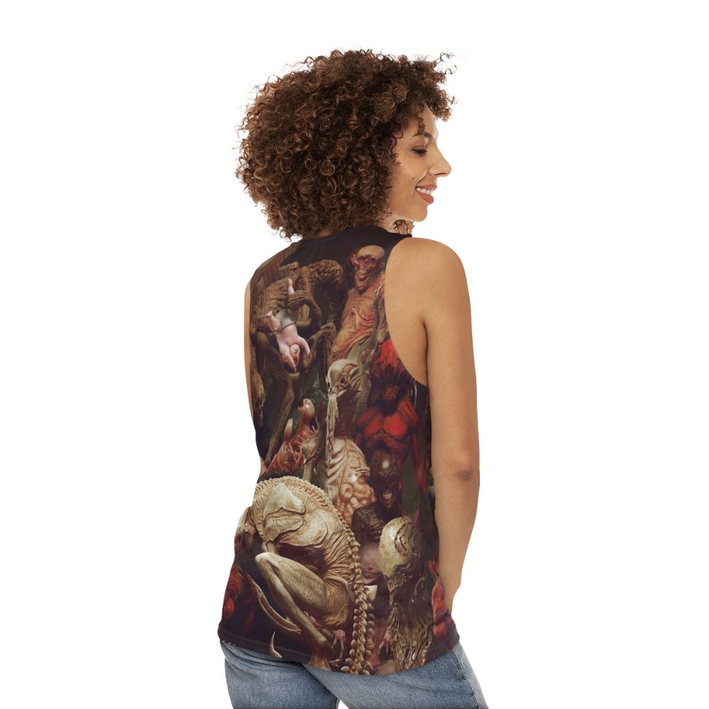 Unisex horror tank top with creature design - women back