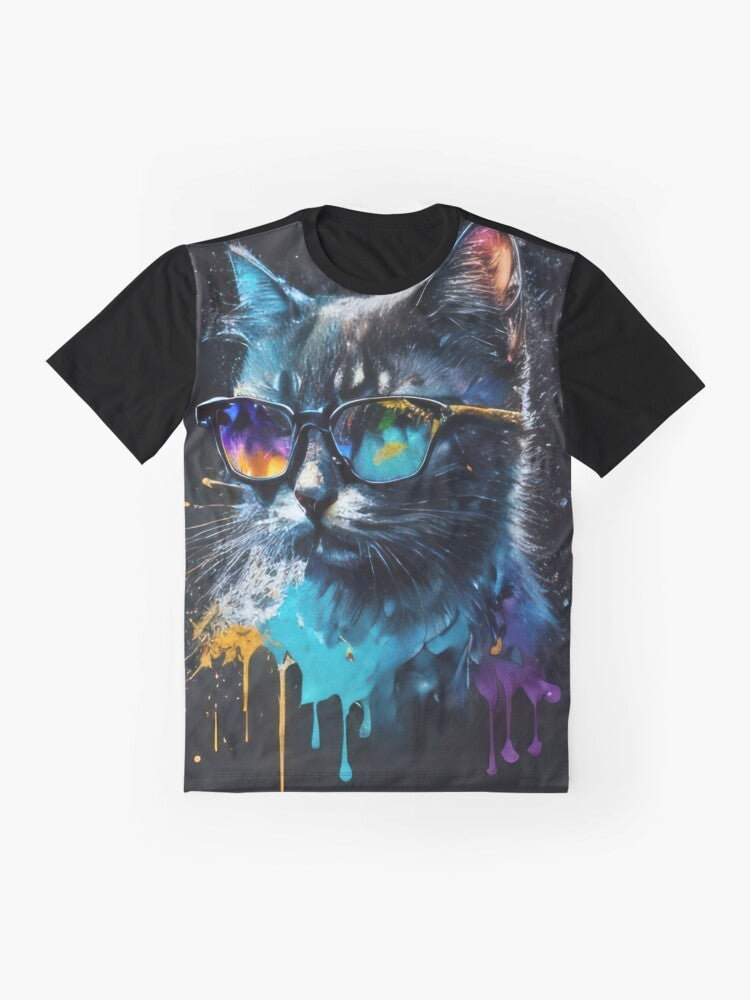 A vibrant, multicolored drip art design featuring a cool cat wearing sunglasses on a graphic t-shirt. - Flat lay