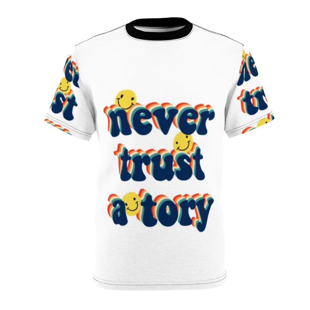 Anti-Tory Political Protest T-Shirt with the slogan "Never Trust a Tory"