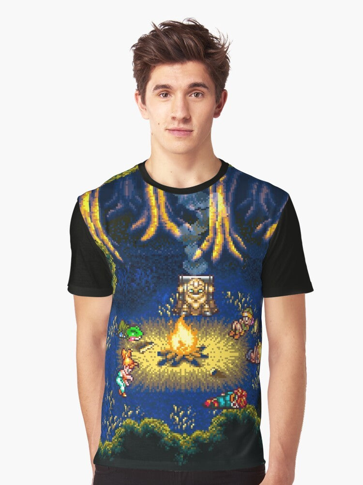 Chrono Trigger retro pixel art graphic t-shirt featuring a campfire scene with iconic characters from the classic SNES RPG game. - Men