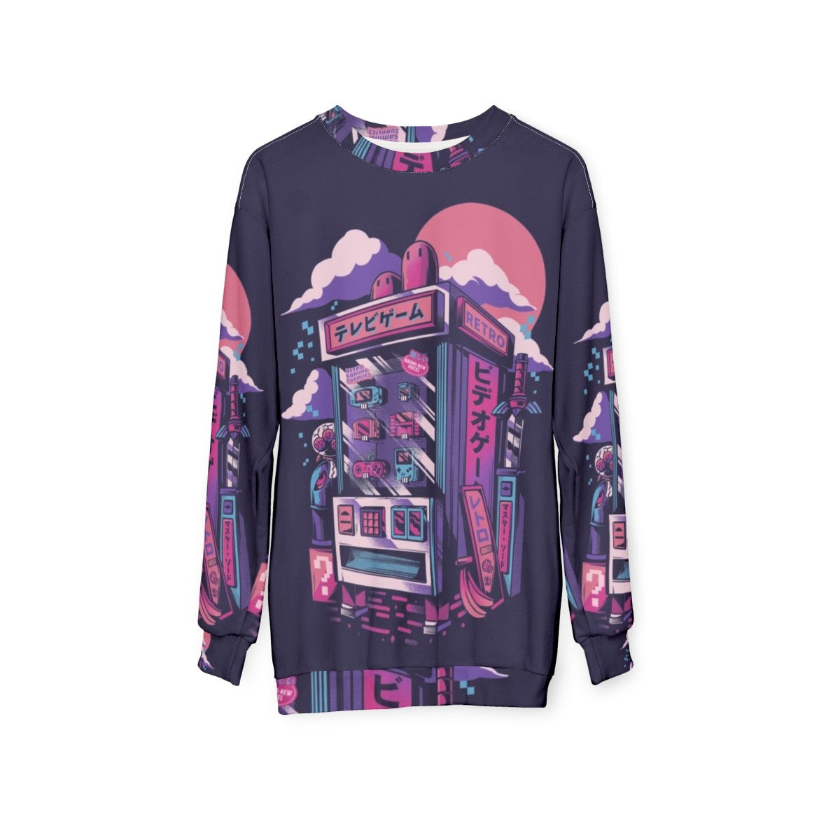 Vintage retro gaming sweatshirt with pixelated neon design - hanging