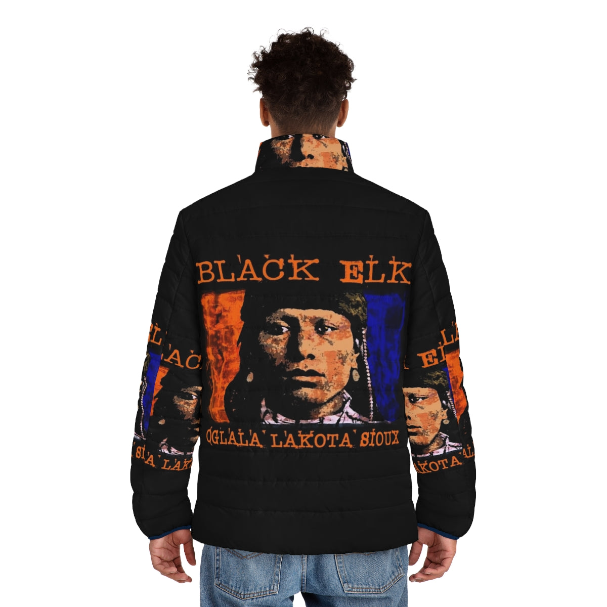 Stylish and warm puffer jacket featuring the iconic Black Elk design, representing the Oglala Lakota Sioux culture. - men back