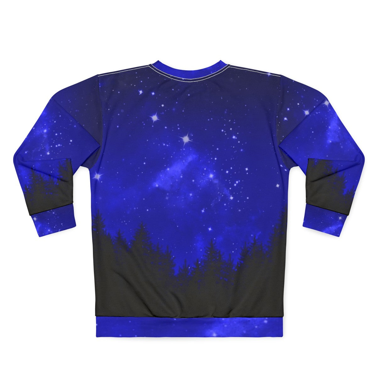 Blue galaxy forest night sky sweatshirt with trees and mountains - Back