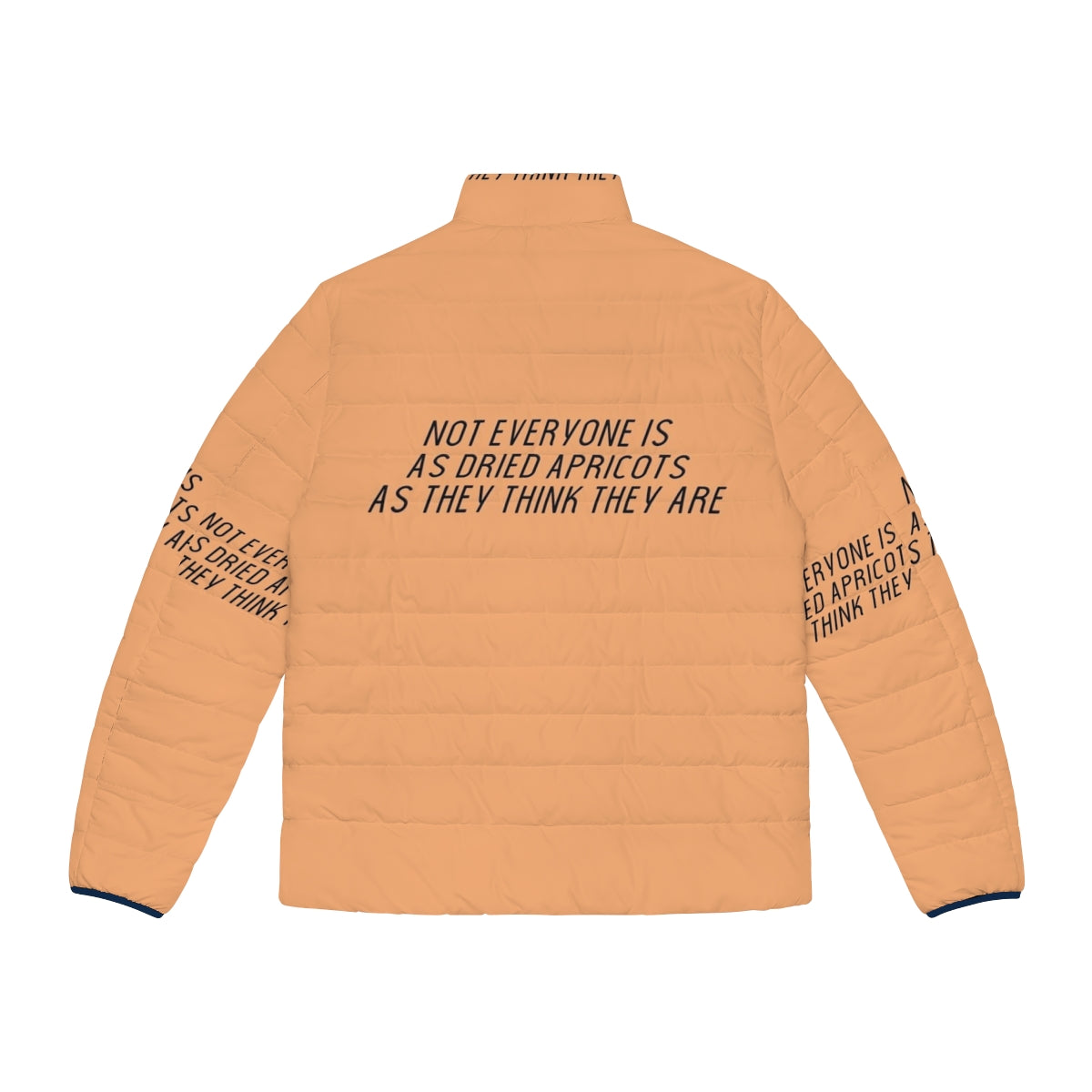 James Acaster's Apricots Puffer Jacket - Surreal Comedy Style with Typography and Minimalist Design - Back