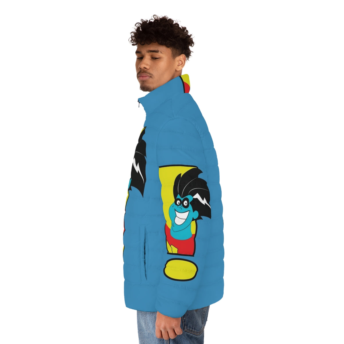 Freakazoid puffer jacket, a nostalgic 90s cartoon superhero design - men side left